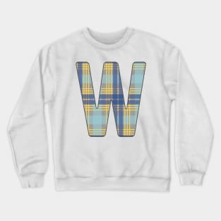 Monogram Letter W, Blue, Yellow and Grey Scottish Tartan Style Typography Design Crewneck Sweatshirt